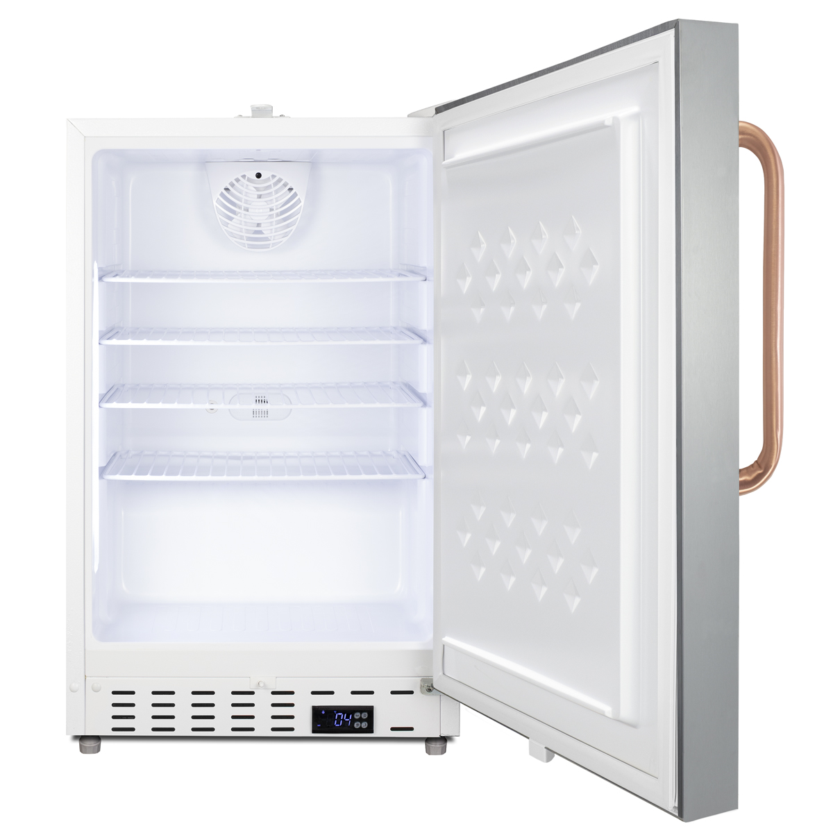 Built-in undercounter ADA compliant +2 C to +8 C all-refrigerator with white cabinet and stainless steel door, pure copper towel bar handle, lock, digital controls, wire shelving, hospital cord with 'green dot' plug, factory installed access port, and automatic defrost operation